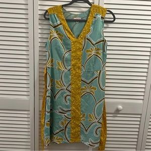 Merona size 10 silky feel free gold turquoise print back fabric tie belt